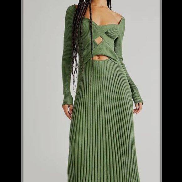 Free People Marnie Knit Dress Green Open Twist Front Ribbed Long Sleeve Scoop M - Picture 1 of 6